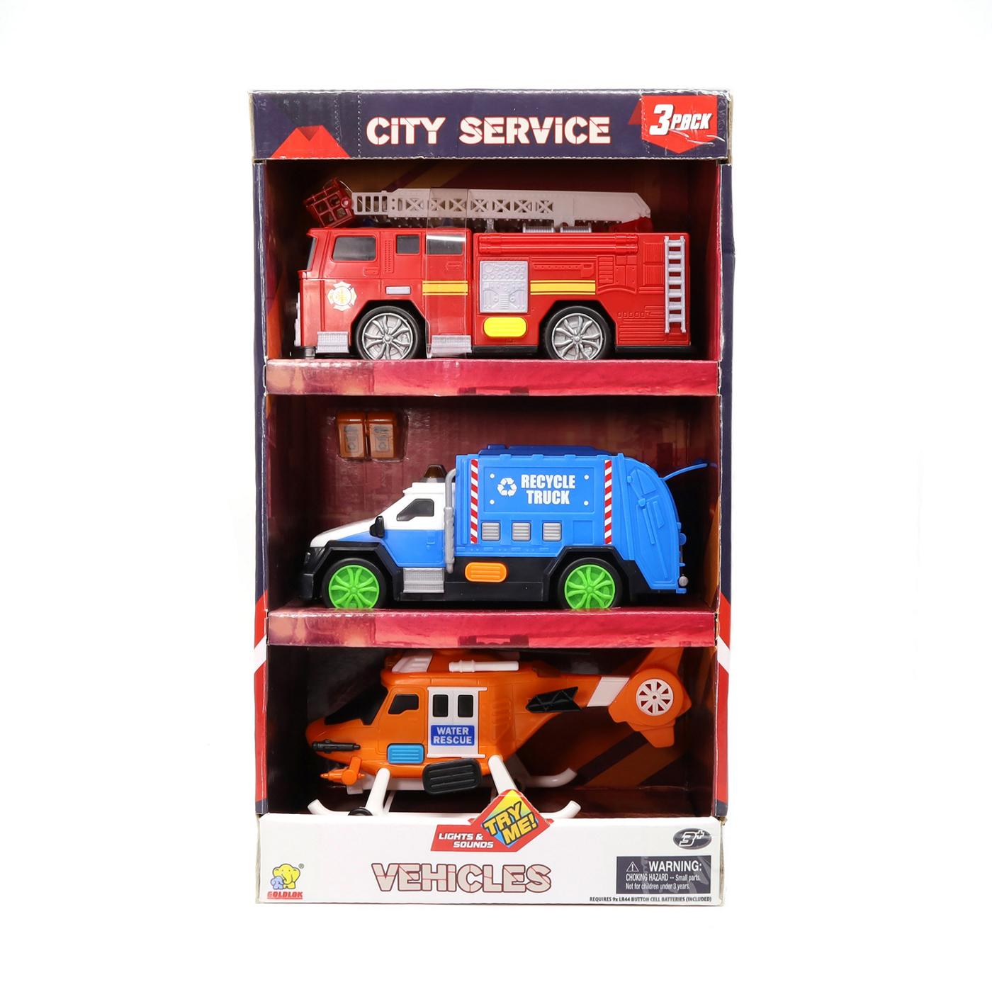 Goldlok City Service Vehicles Firetruck, Recycle Truck, Helicopter