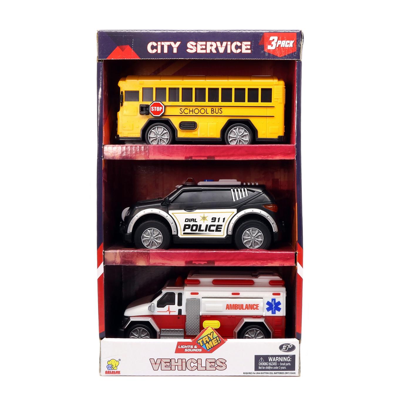 Goldlok City Service Vehicles - School Bus, Police, & Ambulance; image 1 of 5