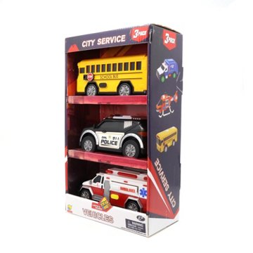 Goldlok City Service Vehicles - School Bus, Police, & Ambulance, 3 pk