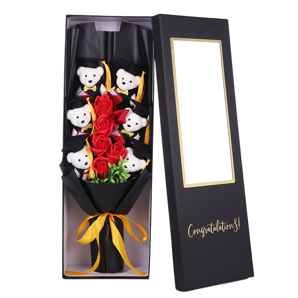 Graduation Bears & Artificial Roses Floral Bouquet Gold or Silver