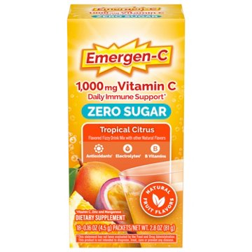 Emergen-C Zero Sugar 1000 mg Vitamin C Powder for Daily Immune Support Caffeine Free Vitamin C Supplements with Zinc and Manganese, B Vitamins and Electrolytes, Tropical Citrus Flavor