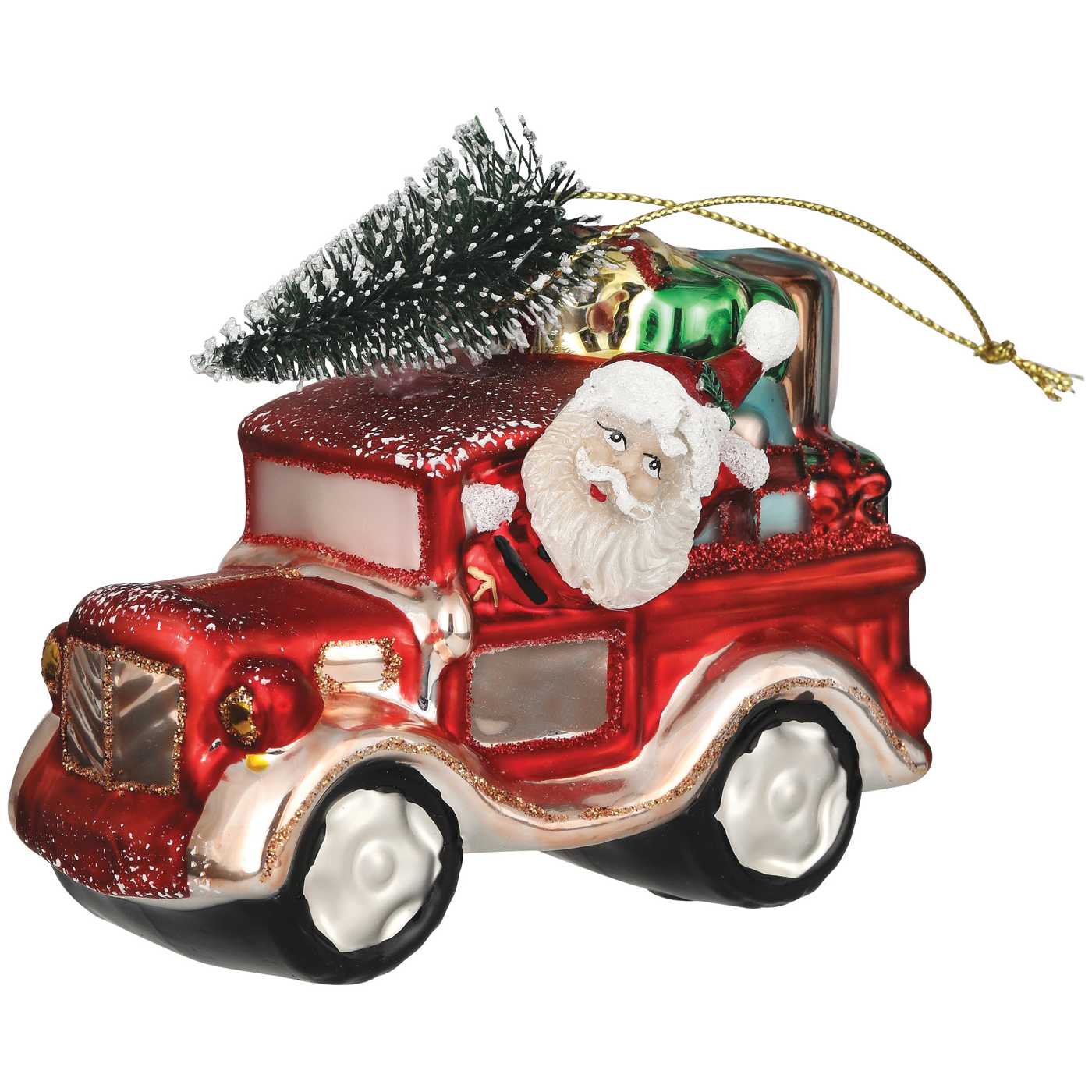 Destination Holiday Red Truck Santa Glass Christmas Ornament; image 1 of 2