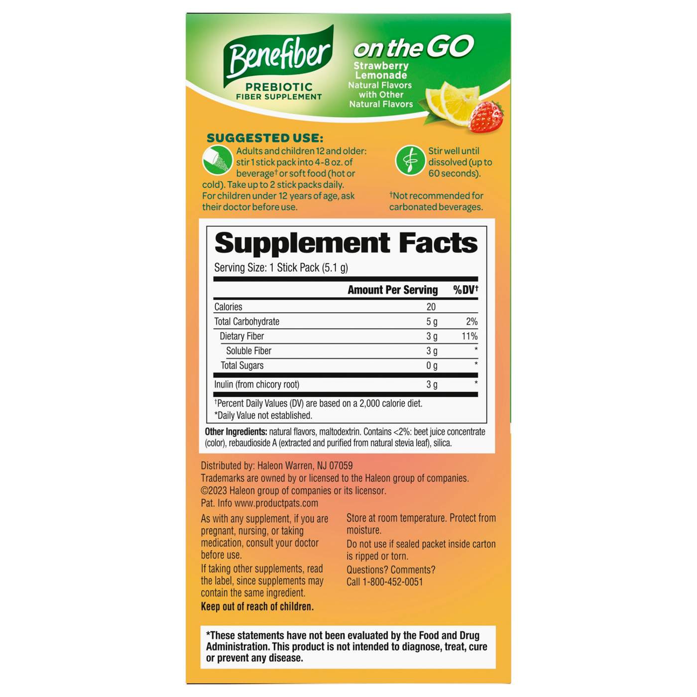 Benefiber Prebiotic Fiber Supplement On The Go Packets - Strawberry Lemonade; image 3 of 3