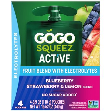 GoGo squeeZ Active Electrolyte No Sugar Added Blueberry Strawberry Lemon Fruit Blend, 4 ct