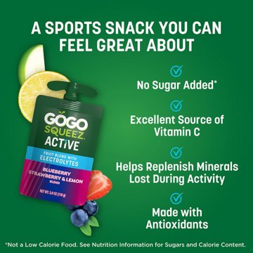 GoGo squeeZ Active Electrolyte No Sugar Added Blueberry Strawberry Lemon Fruit Blend, 4 ct