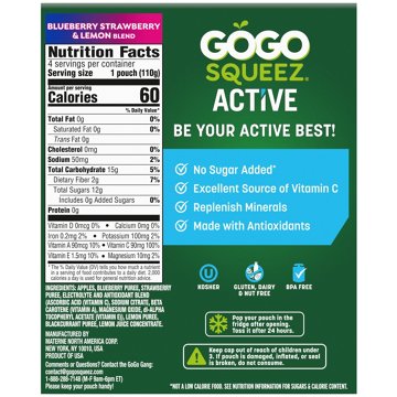 GoGo squeeZ Active Electrolyte No Sugar Added Blueberry Strawberry Lemon Fruit Blend, 4 ct