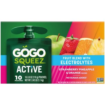 GoGo squeeZ Active Electrolyte No Sugar Added Strawberry Pineapple Orange Fruit Blend, 10 ct
