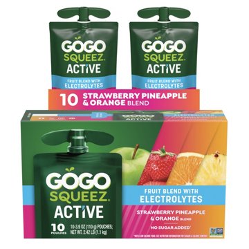 GoGo squeeZ Active Electrolyte No Sugar Added Strawberry Pineapple Orange Fruit Blend, 10 ct