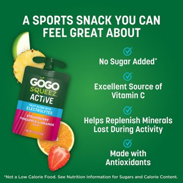 GoGo squeeZ Active Electrolyte No Sugar Added Strawberry Pineapple Orange Fruit Blend, 10 ct