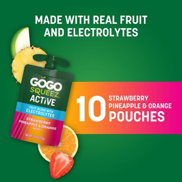GoGo squeeZ Active Electrolyte No Sugar Added Strawberry Pineapple Orange Fruit Blend, 10 ct