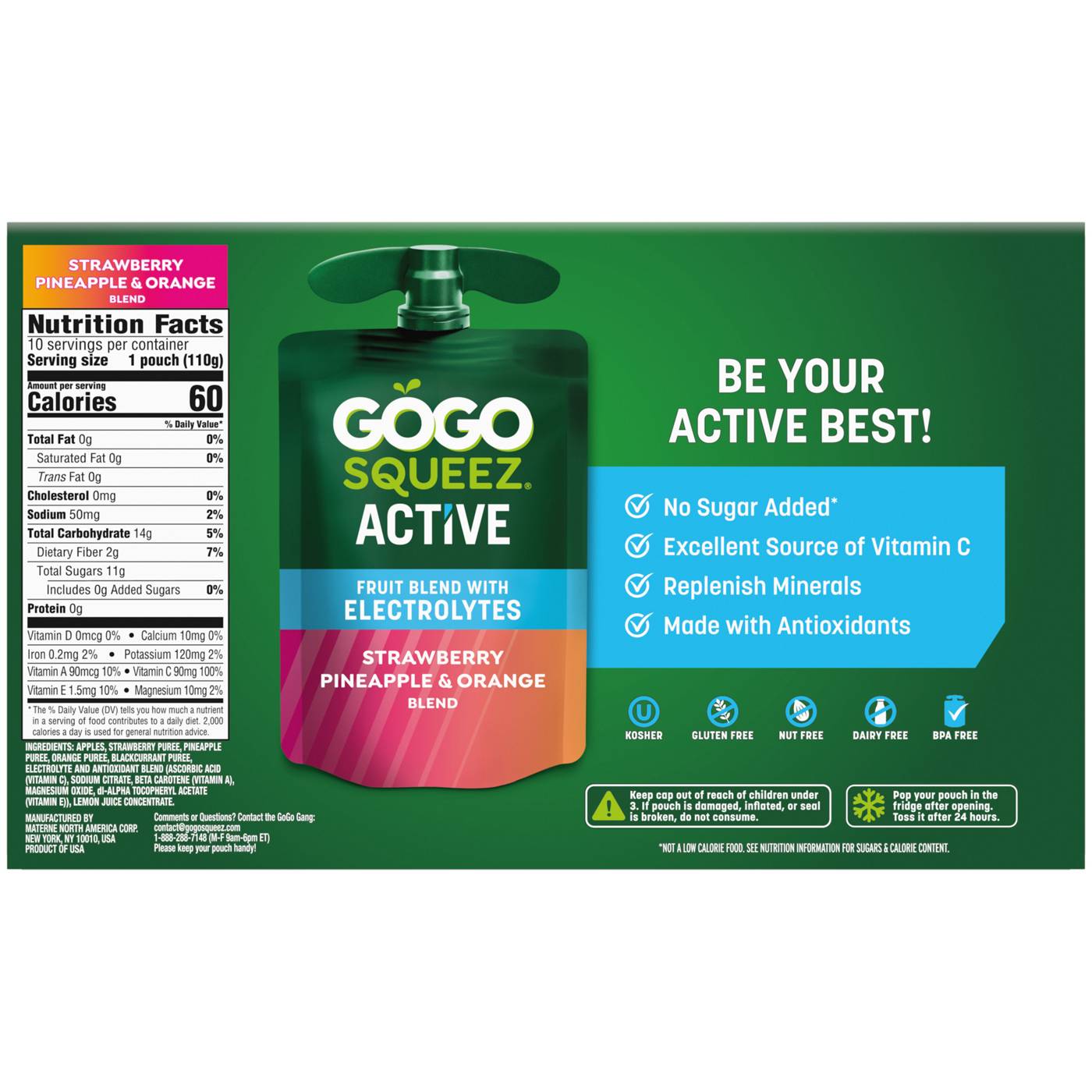 GoGo squeeZ Active Electrolyte No Sugar Added Strawberry Pineapple Orange Fruit Blend; image 5 of 8