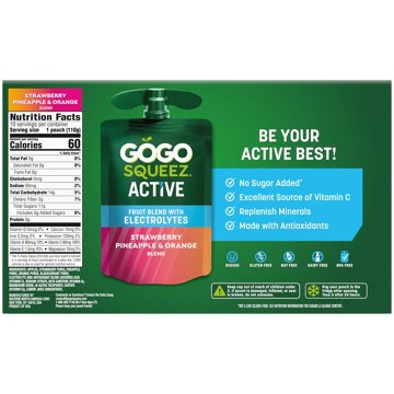 GoGo squeeZ Active Electrolyte No Sugar Added Strawberry Pineapple Orange Fruit Blend, 10 ct