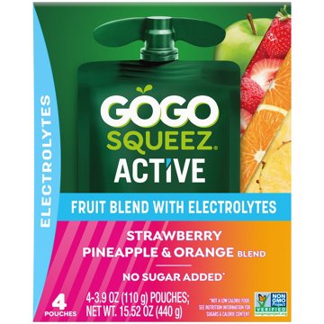 GoGo squeeZ Active Electrolyte No Sugar Added Strawberry Pineapple Orange Fruit Blend, 4 ct