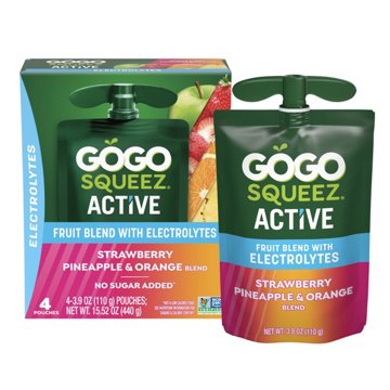 GoGo squeeZ Active Electrolyte No Sugar Added Strawberry Pineapple Orange Fruit Blend, 4 ct