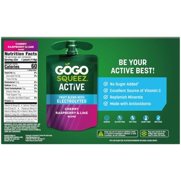 GoGo squeeZ Active Electrolyte No Sugar Added Cherry Raspberry Lime Fruit Blend, 10 ct