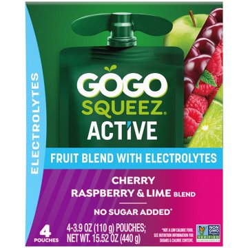 GoGo squeeZ Active Electrolyte No Sugar Added Cherry Raspberry Lime Fruit Blend, 4 ct