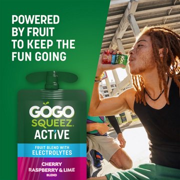 GoGo squeeZ Active Electrolyte No Sugar Added Cherry Raspberry Lime Fruit Blend, 4 ct