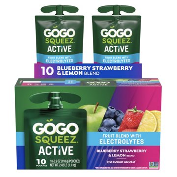 GoGo squeeZ Active Electrolyte No Sugar Added Blueberry Strawberry Lemon Fruit Blend, 10 ct