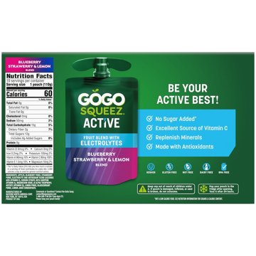 GoGo squeeZ Active Electrolyte No Sugar Added Blueberry Strawberry Lemon Fruit Blend, 10 ct