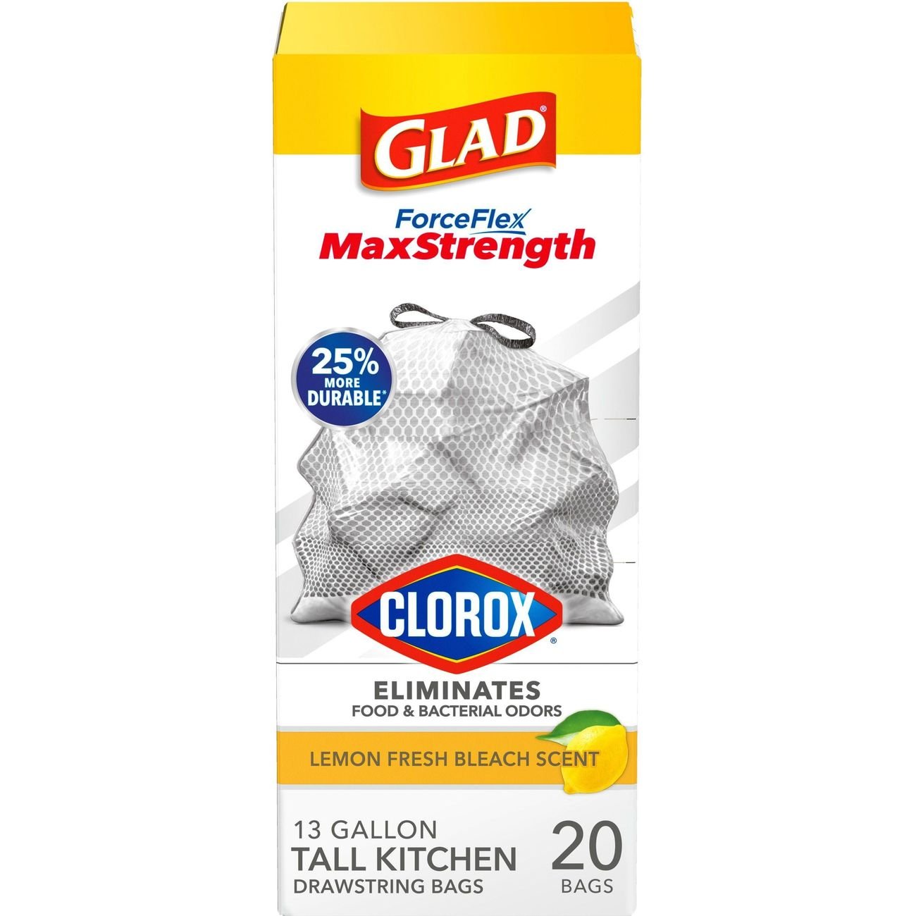 Glad ForceFlex MaxStrength Clorox Trash Bags, 13 Gallon - Lemon
