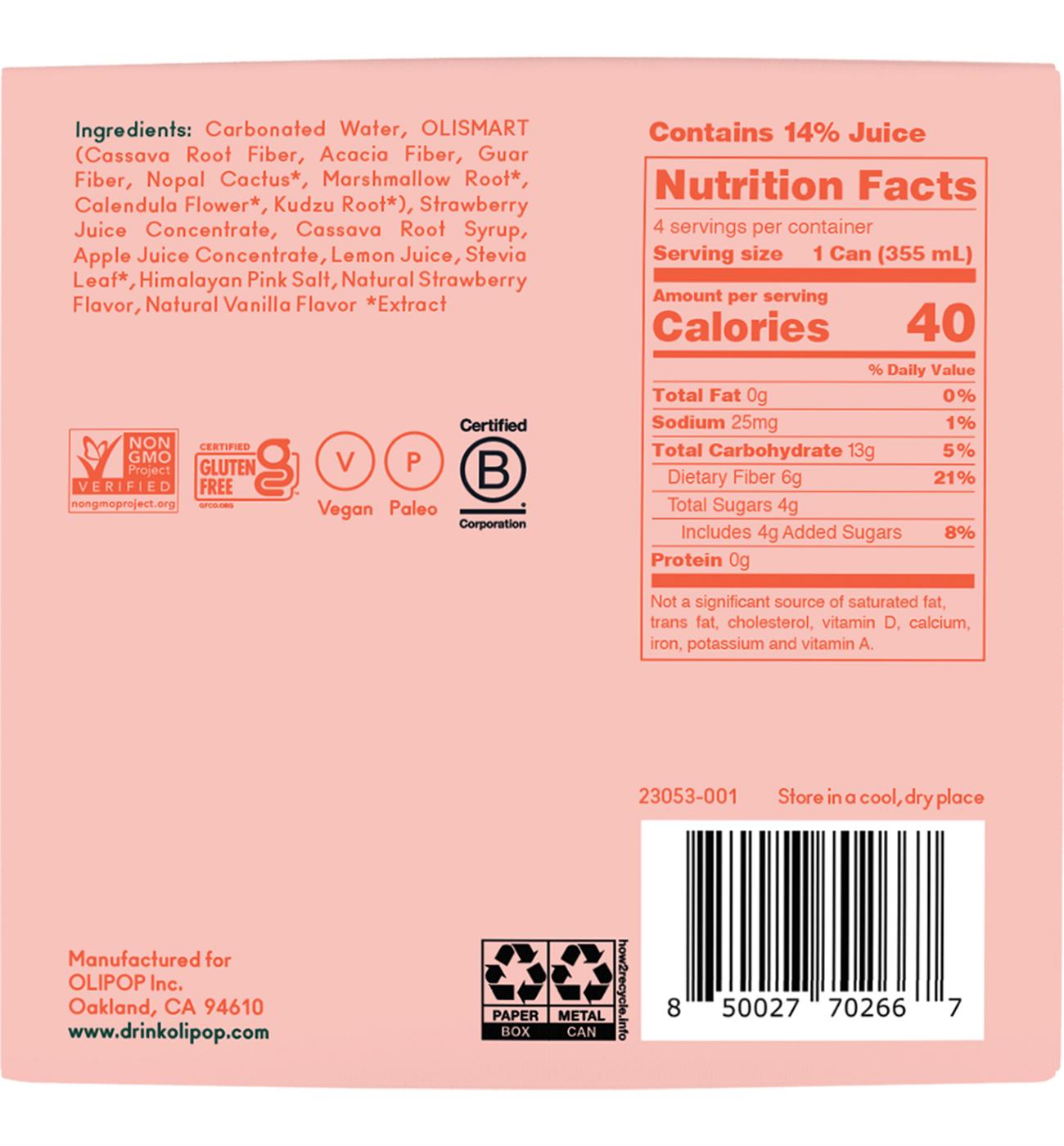 Olipop Prebiotic Strawberry Vanilla Soda 4 pk Cans; image 2 of 2
