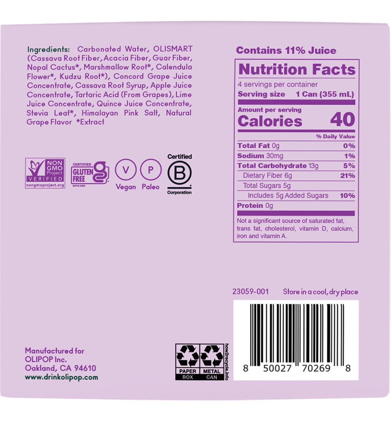 Olipop Prebiotic Soda Classic Grape 4 pk Cans; image 2 of 2
