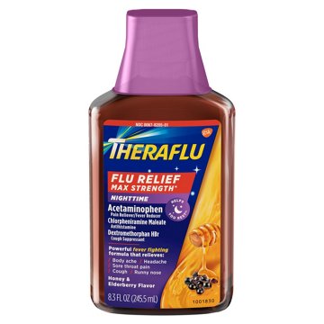 Theraflu Max Strength Nighttime Flu Medicine for Flu Symptom Relief with Acetaminophen, Dextromethorphan HBr and Chlorpheniramine Maleate, Honey and Elderberry Flavored