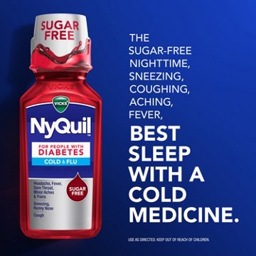 Vicks NyQuil Diabetes Cold & Flu Relief Liquid Over-the-Counter Medicine, Powerful Multi-Symptom Nighttime Relief, Free of Sugar, Alcohol, & Decongestants
