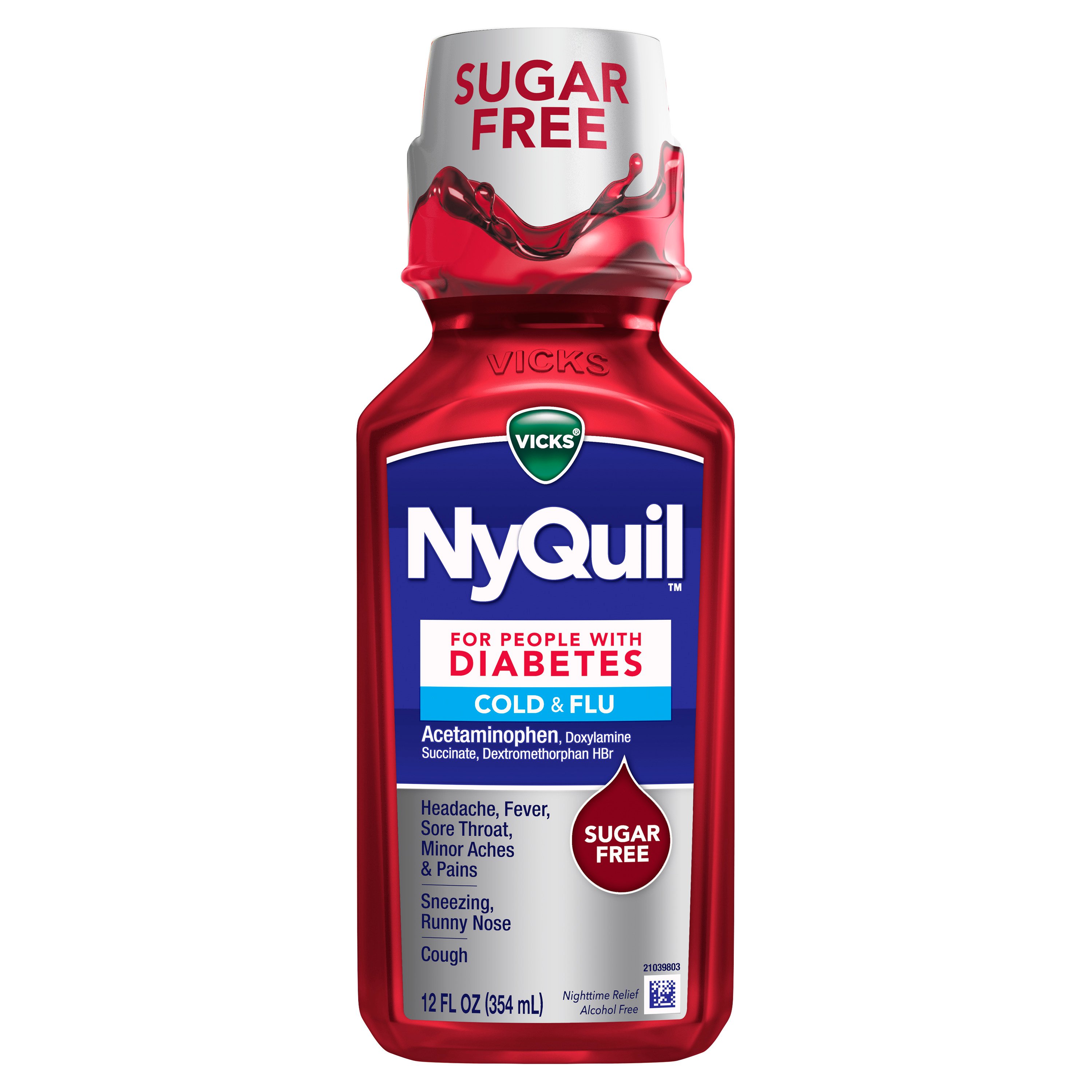 Vicks NyQuil Diabetes Cold & Flu Relief Liquid Over-the-Counter Medicine,  Powerful Multi-Symptom Nighttime Relief, Free of Sugar, Alcohol, & 