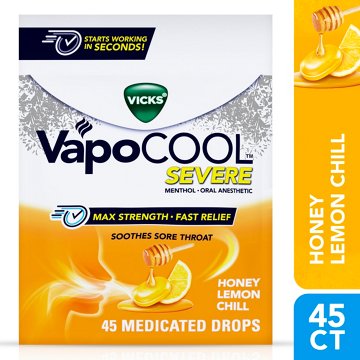 Vicks VapoCOOL SEVERE Max Strength Menthol Sore Throat Lozenge, Honey Lemon Flavor