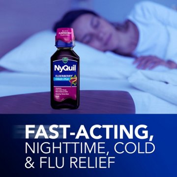 Vicks NyQuil Cold & Flu Relief Liquid Over-the-Counter Medicine, Powerful Multi-Symptom Nighttime Relief, Elderberry Flavor