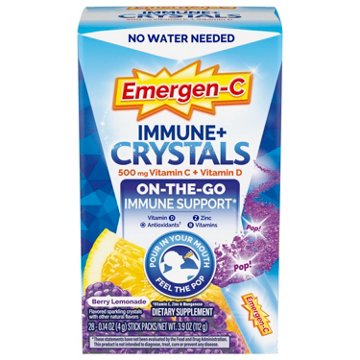 Emergen-C Immune+ Crystals, On-the-Go Immune Support Supplement with Vitamin C, Vitamin D, B Vitamins, Zinc and Manganese, Berry Lemonade