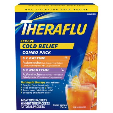 Theraflu Combo Daytime and Nighttime Severe Cold Relief Powder, Honey Lemon Flavor, 6 Daytime + 6 Nighttime