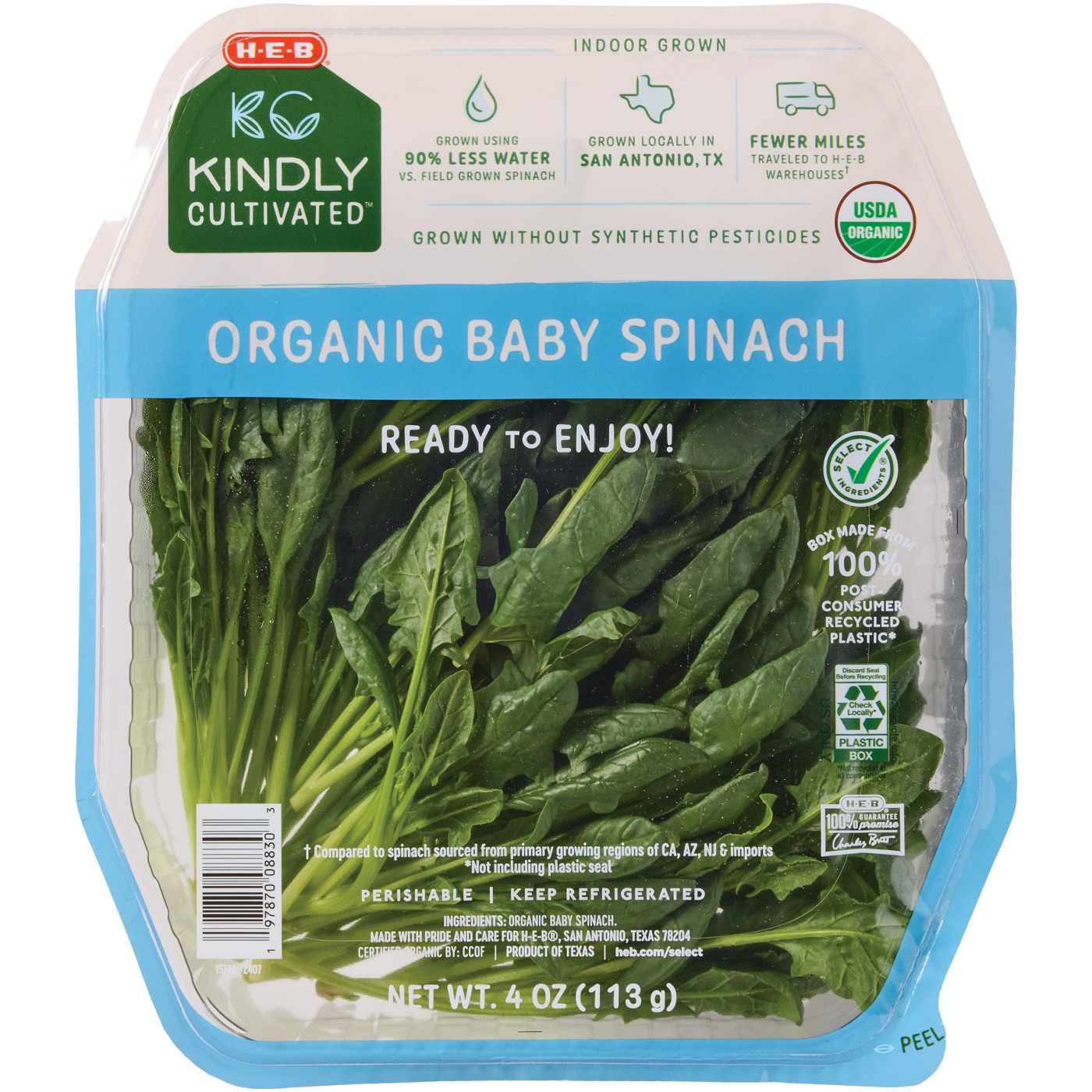 H-E-B Kindly Cultivated Fresh Organic Baby Spinach; image 1 of 2