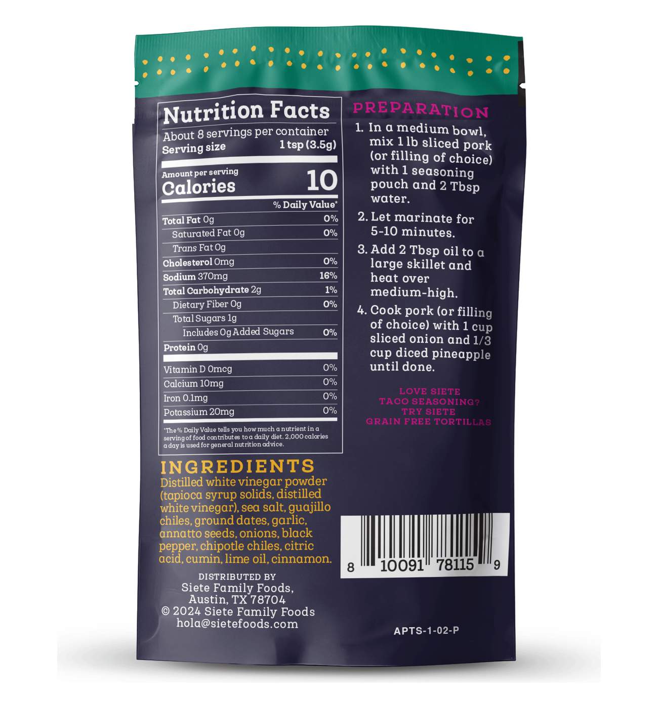 Siete Al Pastor Taco Seasoning; image 4 of 5