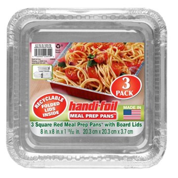Handi-Foil Red Square Meal Prep Pans, 3pk, 8'' x 8''
