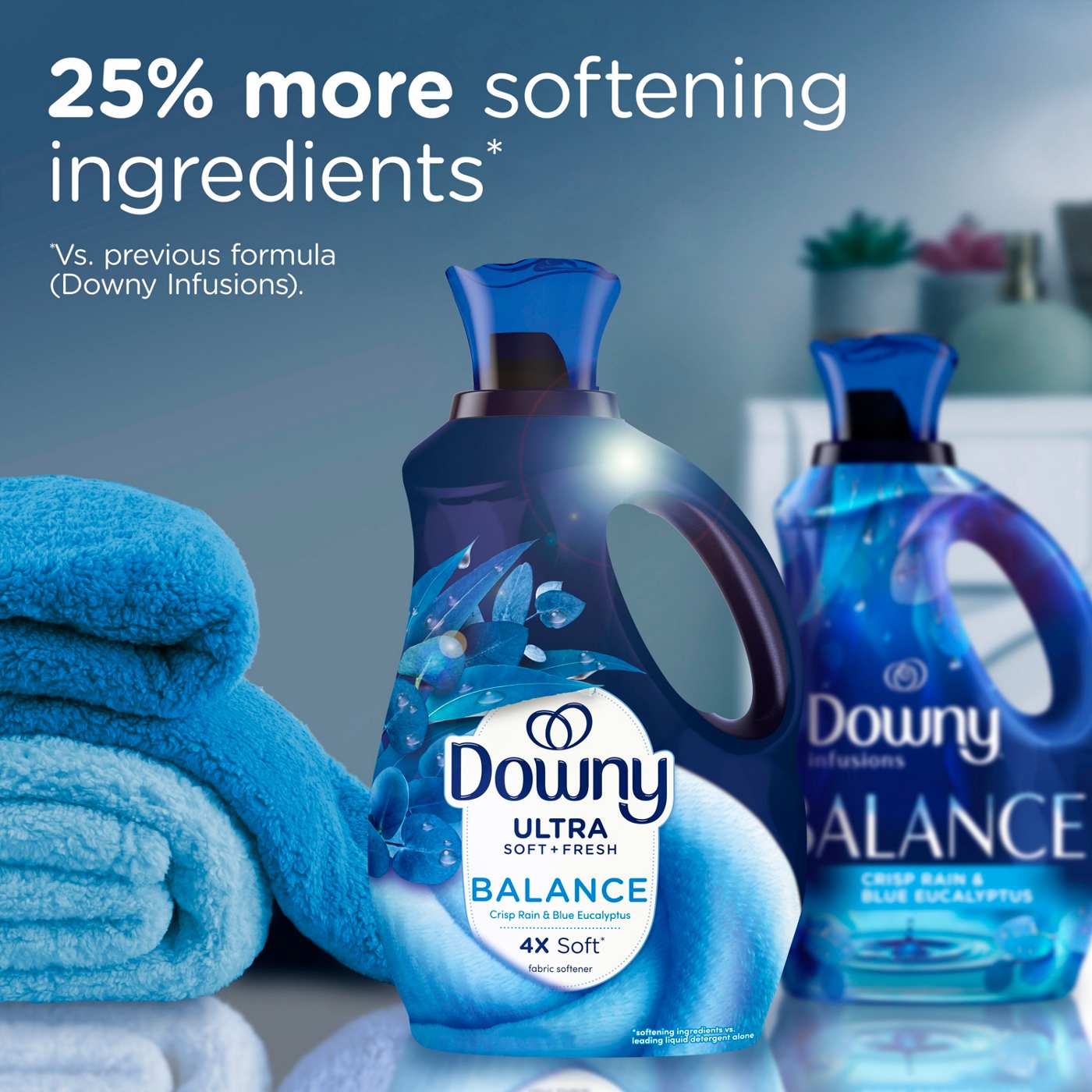 Downy Ultra Soft Plus Fresh Fabric Softener Liquid, 56 Loads, Balance Crisp Rain & Blue Eucalyptus Scent; image 5 of 10