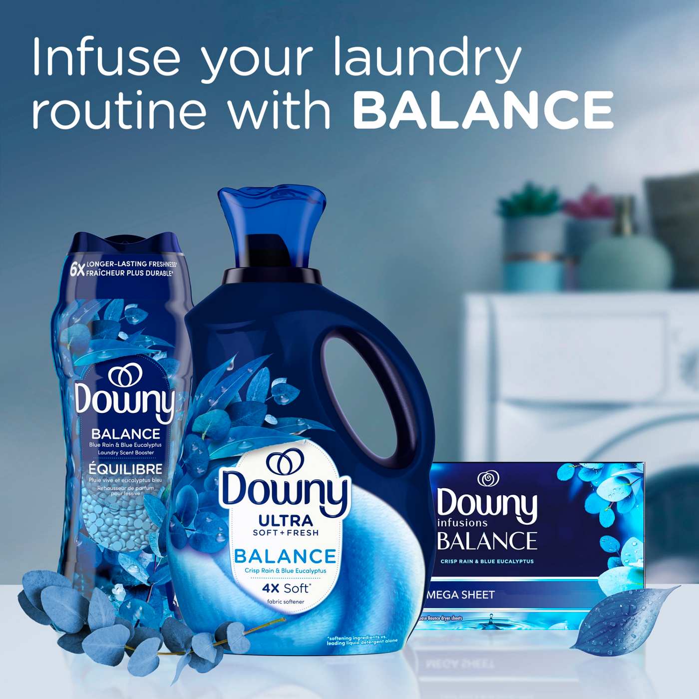 Downy Ultra Soft Plus Fresh Fabric Softener Liquid, 56 Loads, Balance Crisp Rain & Blue Eucalyptus Scent; image 8 of 10