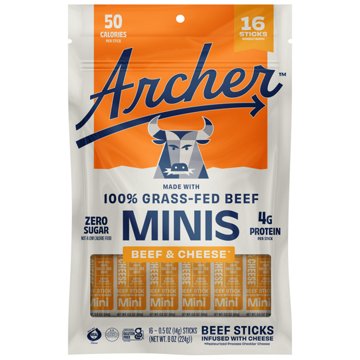 Archer Zero Sugar 4g Protein Grass-Fed Beef Mini Sticks - Beef & Cheese, 16 ct
