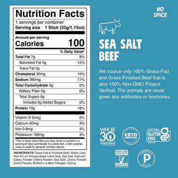 Chomps 10g Protein Sea Salt Beef Jerky Meat Stick, 1.15 oz