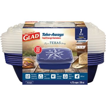 Glad Take-Aways Rectangle Food Storage Containers - Blue Texas Edition, 7 pk, 38 oz