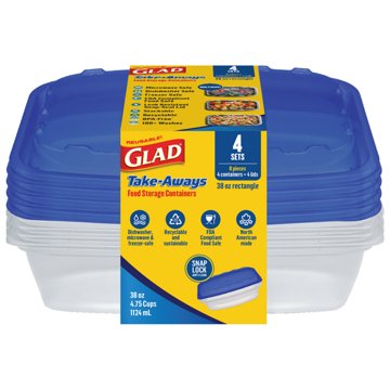 Glad Take-Aways Rectangle Food Storage Containers, 4 pk, 38 oz