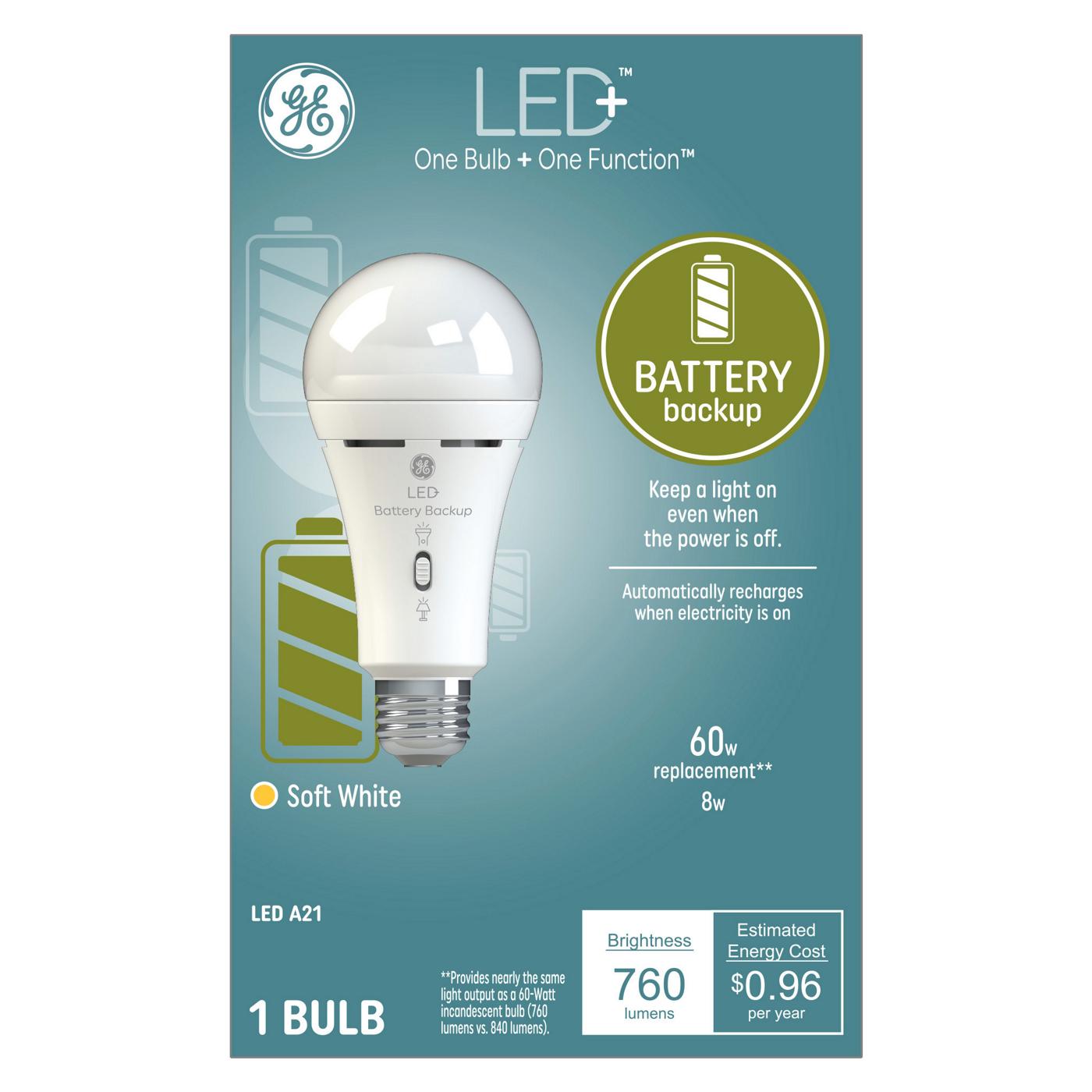 GE Battery Backup A21 60-Watt LED+ Light Bulb - Soft White; image 1 of 3