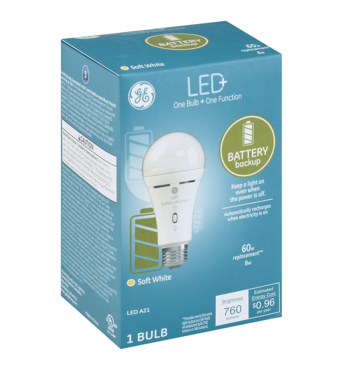 GE Battery Backup A21 60-Watt LED+ Light Bulb - Soft White; image 3 of 3