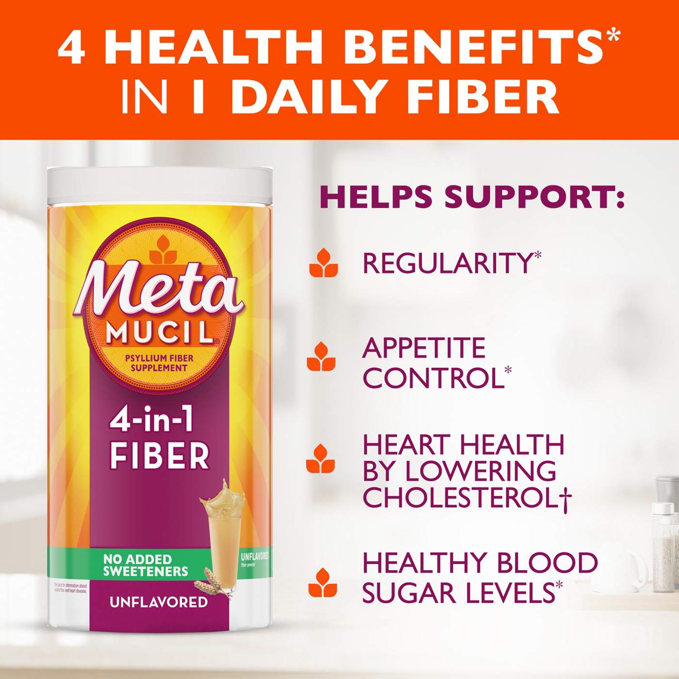Metamucil 4-in-1 Psyllium Husk Fiber Supplement, Daily Fiber Powder for Digestive Health, Unflavored; image 5 of 10