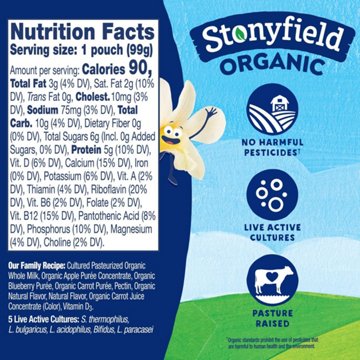Stonyfield Organic Zero Added Sugar Yogurt Pouches - Banilla, 4 pk, 3.5 oz