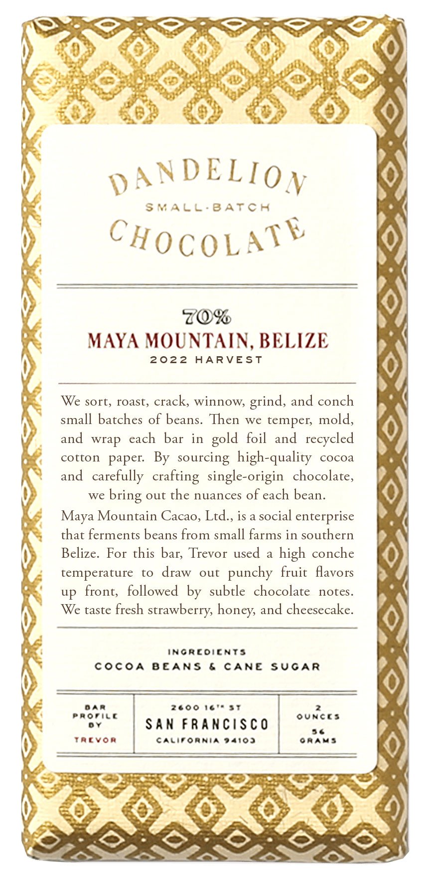 Dandelion Chocolate Maya Mountain, Belize 70% Chocolate Bar, 2 oz