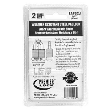 Premier Lock LAP02J Weather Resistant Steel Padlock - Black, 1.5"