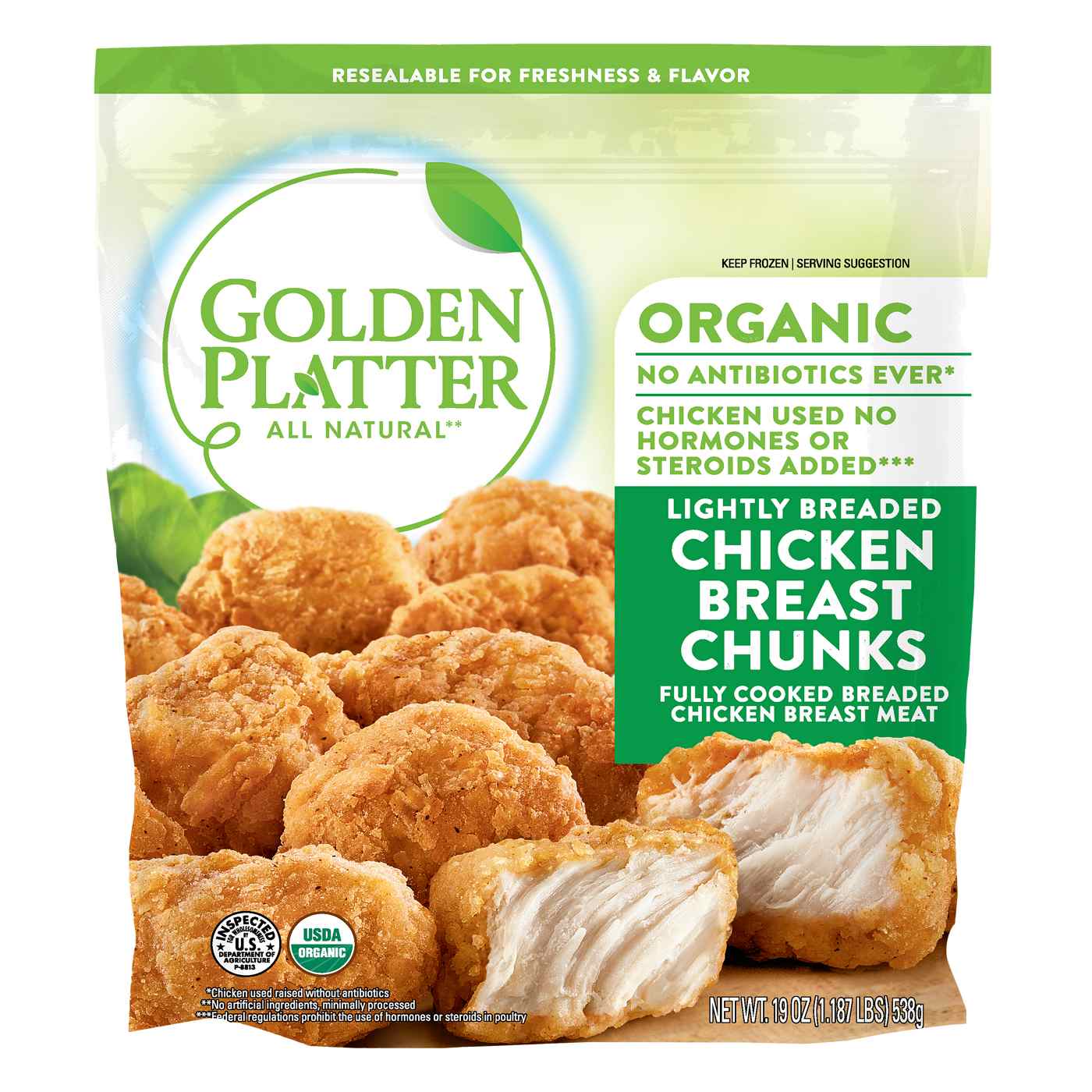 Golden Platter Organic Fully Cooked Frozen Lightly Breaded Chicken Chunks; image 1 of 2