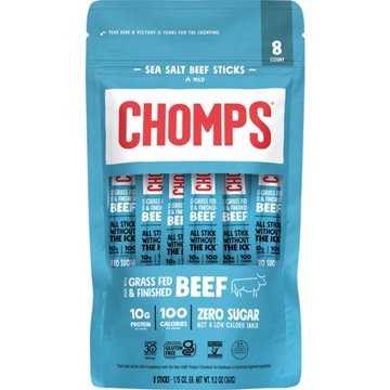Chomps 10g Protein Sea Salt Beef Jerky Meat Sticks, 8 ct